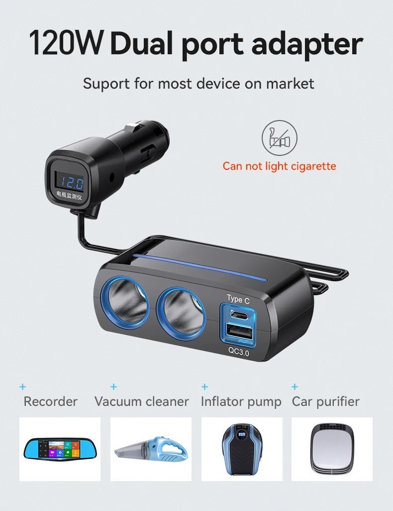 Bluejw 12V Voltmeter Car Charger, Dual USB Quick Charge Kit [PD 20W Type C & 15W QC3.0], Cigarette Lighter Socket Adapter, 12-24V Automobile Chargers - Image 5